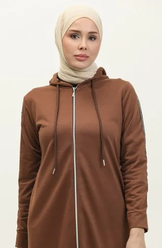 Abaya De Sport A Capuche Et Fermeture Éclair Devant 0008-02 Marron 0008-02