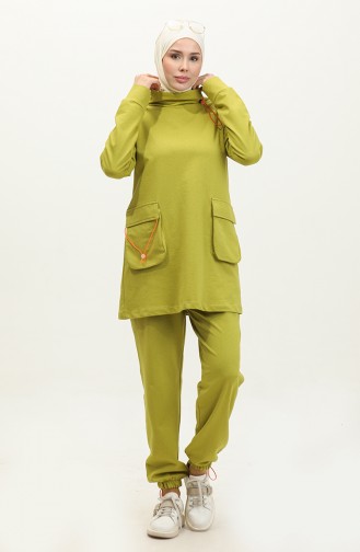 Neon Elastic Detailed Two Piece Suit 2080-03 Olive Green 2080-03