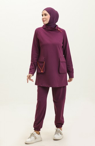 Neon Elastic Detailed Two Piece Suit 2080-04 Purple 2080-04