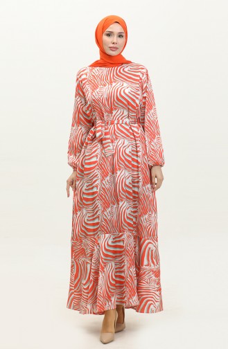 Patterned Belted Satin Dress 1052-01 Orange 1052-01