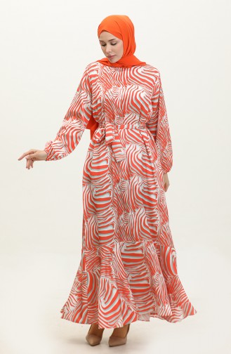 Desenli Kuşaklı Saten Elbise 1052-01 Turuncu