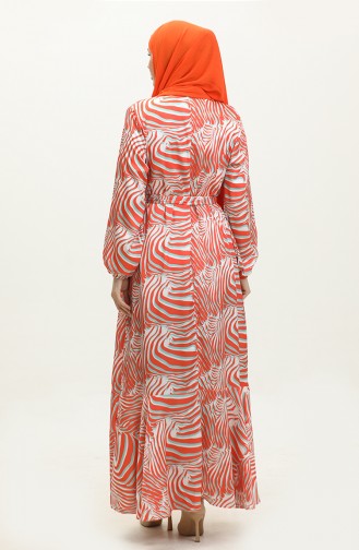 Desenli Kuşaklı Saten Elbise 1052-01 Turuncu