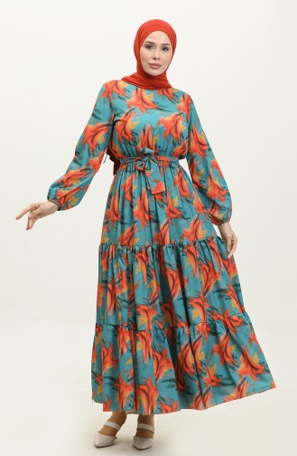 Patterned Shirred Dress 2301-01 Orange Green 2301-01