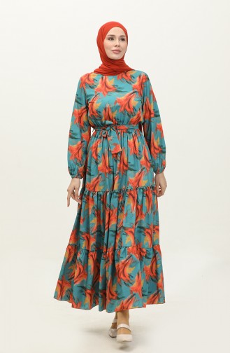 فستان منقوش 2301-01 برتقالي أخضر  2301-01