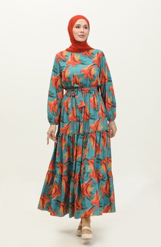 Patterned Shirred Dress 2301-01 Orange Green 2301-01