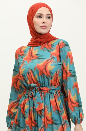 Patterned Shirred Dress 2301-01 Orange Green 2301-01
