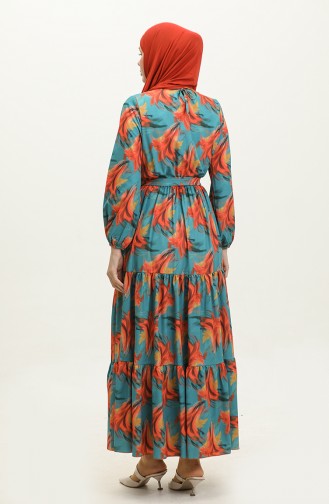 Patterned Shirred Dress 2301-01 Orange Green 2301-01