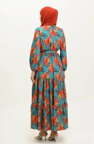 Robe Froncee à Motifs 2301-01 Orange Vert 2301-01