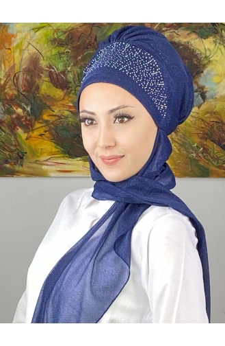 Güneş Model Taşlı Abiye Atkılı Bone Şal EKM15ŞPK73-18 Lacivert