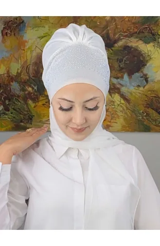 Güneş Model Taşlı Abiye Atkılı Bone Şal EKM15ŞPK73-01 Beyaz