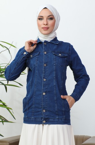 Buttoned Pocketed Denim Jacket 38001-02 Navy Blue 38001-02