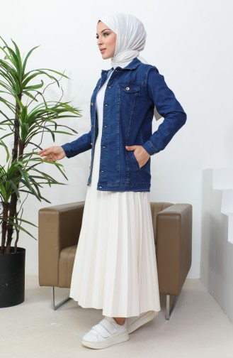 Buttoned Pocketed Denim Jacket 38001-02 Navy Blue 38001-02