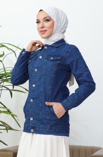 Buttoned Pocketed Denim Jacket 38001-02 Navy Blue 38001-02