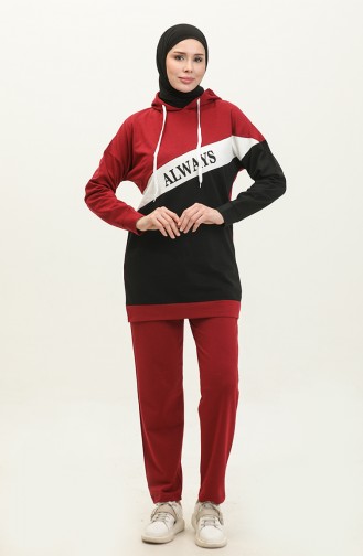 Color Garnished Hooded Tracksuit Set 3013-06 Claret Red 3013-06