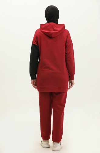 Color Garnished Hooded Tracksuit Set 3013-06 Claret Red 3013-06