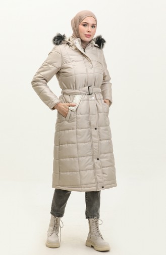 Fur Hooded Quilted Coat 15165-02 Beige 15165-02