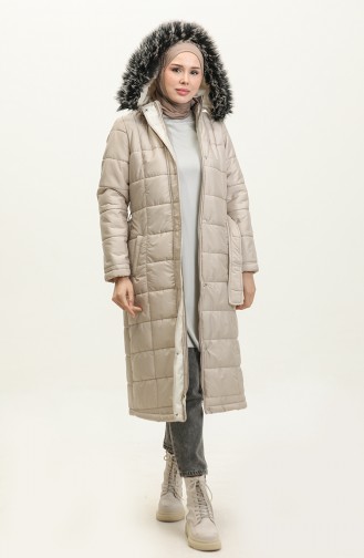 Fur Hooded Quilted Coat 15165-02 Beige 15165-02