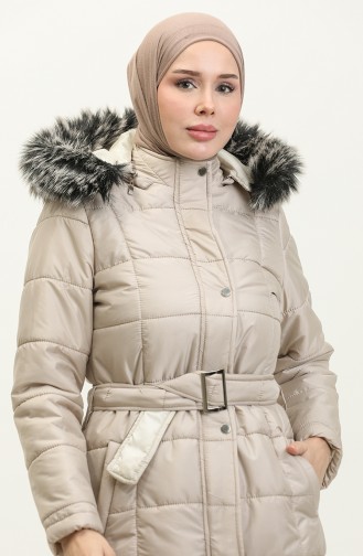 Fur Hooded Quilted Coat 15165-02 Beige 15165-02