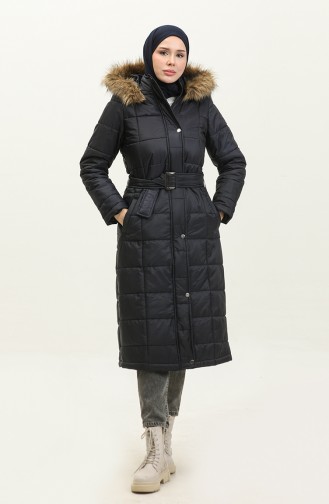 Fur Hooded Quilted Coat 15165-03 Navy Blue 15165-03