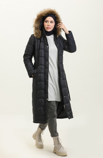 Fur Hooded Quilted Coat 15165-03 Navy Blue 15165-03