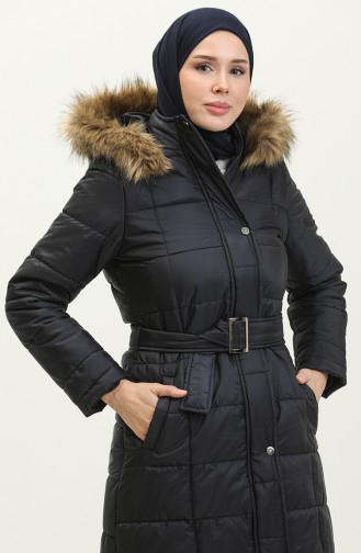 Fur Hooded Quilted Coat 15165-03 Navy Blue 15165-03