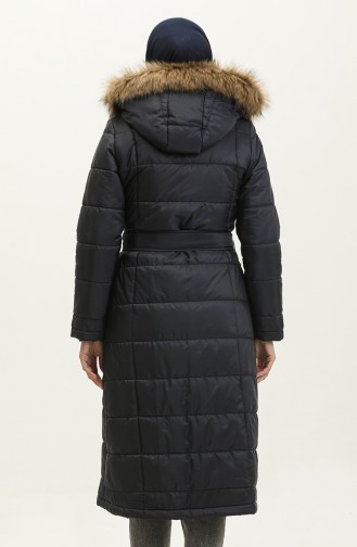 Fur Hooded Quilted Coat 15165-03 Navy Blue 15165-03