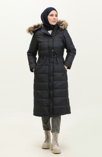 Hooded Pocket Quilted Coat 15177-01 Navy Blue 15177-01