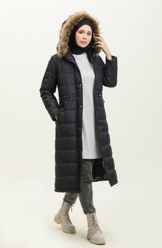 Hooded Pocket Quilted Coat 15177-01 Navy Blue 15177-01