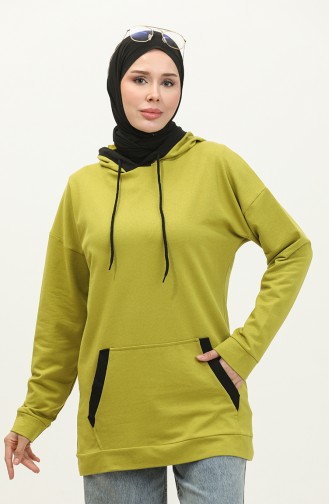 Kadın Çift Renk Garnili Sweat shirt 1703-04 Fıstık Yeşili