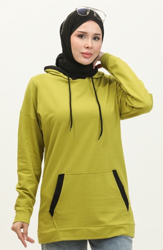 Kadın Çift Renk Garnili Sweat shirt 1703-04 Fıstık Yeşili