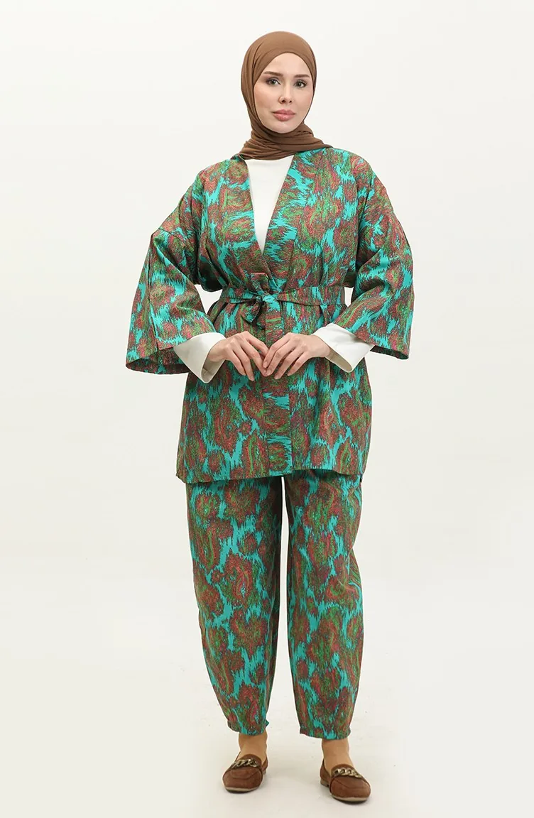 Costume Abaya à Motifs 2424-01 Vert 2424-01