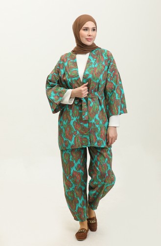 Desenli Kimono Takım 2424-01 Yeşil