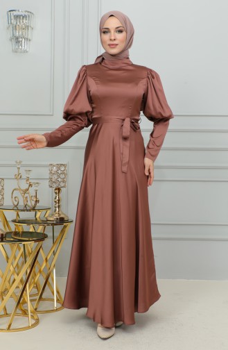 Robe De Soirée Coupe Détaillée à Manches 6084-02 Marron 6084-02