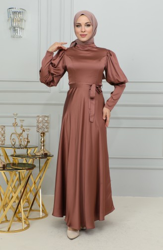 Robe De Soirée Coupe Détaillée à Manches 6084-02 Marron 6084-02