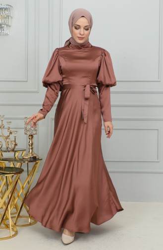 Sleeve Detailed Cupped Evening Dress 6084-02 Brown 6084-02