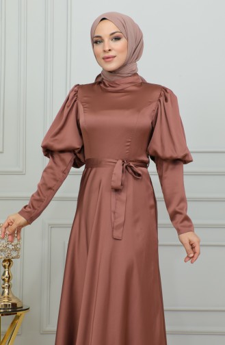 Robe De Soirée Coupe Détaillée à Manches 6084-02 Marron 6084-02