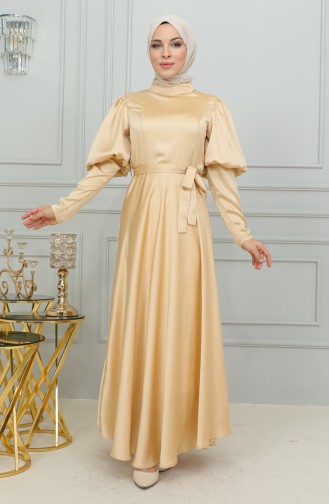 Sleeve Detailed Cupped Evening Dress 6084-03 Gold 6084-03