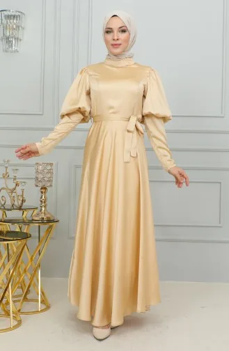 Kol Detaylı Kuplu Abiye Elbise 6084-03 Gold