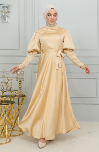 Sleeve Detailed Cupped Evening Dress 6084-03 Gold 6084-03