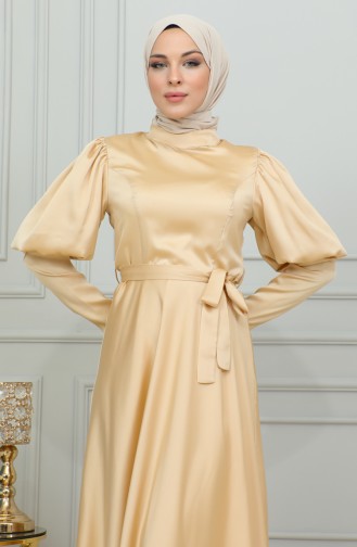 Robe De Soirée Coupe Détaillée à Manches 6084-03 Doré 6084-03