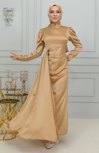 Pleat Detailed Satin Evening Dress 6154-02 Gold 6154-02