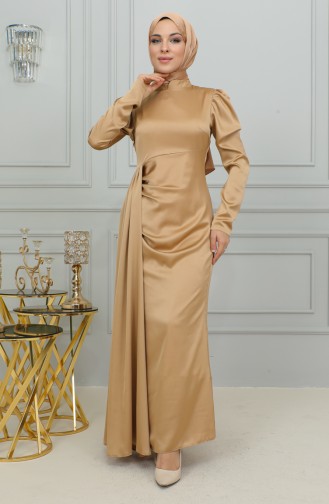 Pleat Detailed Satin Evening Dress 6154-02 Gold 6154-02