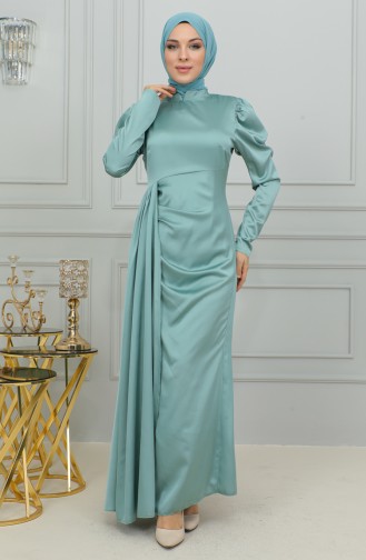 Pleat Detailed Satin Evening Dress 6154-03 Green 6154-03