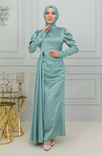 Pleat Detailed Satin Evening Dress 6154-03 Green 6154-03