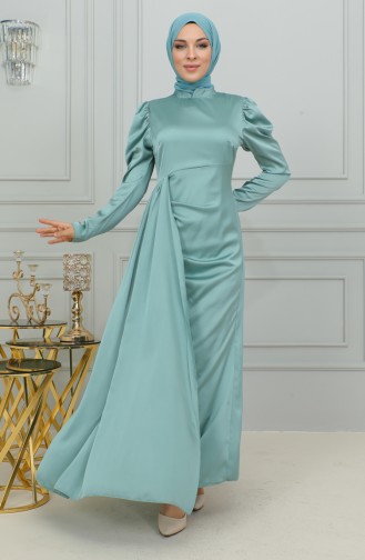 Pleat Detailed Satin Evening Dress 6154-03 Green 6154-03