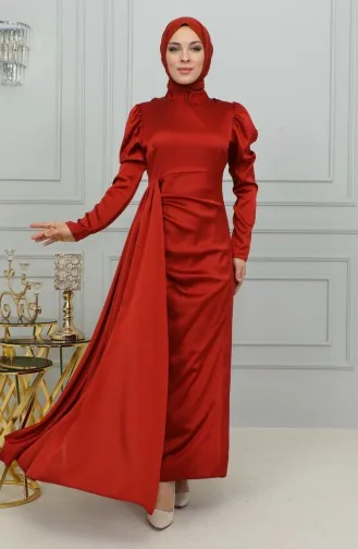 Pleat Detailed Satin Evening Dress 6154-04 Dark Brick 6154-04