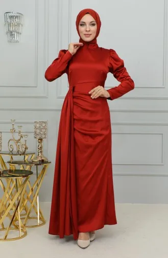 Pleat Detailed Satin Evening Dress 6154-04 Dark Brick 6154-04