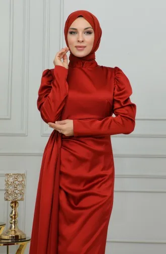 Pleat Detailed Satin Evening Dress 6154-04 Dark Brick 6154-04