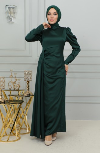 Pleat Detailed Satin Evening Dress 6154-05 Emerald Green 6154-05