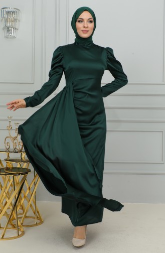 Robe De Soirée Satin Détail Plissé 6154-05 Vert Emeraude 6154-05